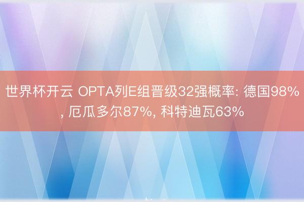 世界杯开云 OPTA列E组晋级32强概率: 德国98%， 厄瓜多尔87%， 科特迪瓦63%